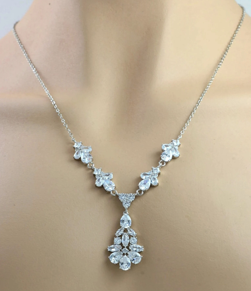 Elegant White CZ Teardrop Bridal Necklace