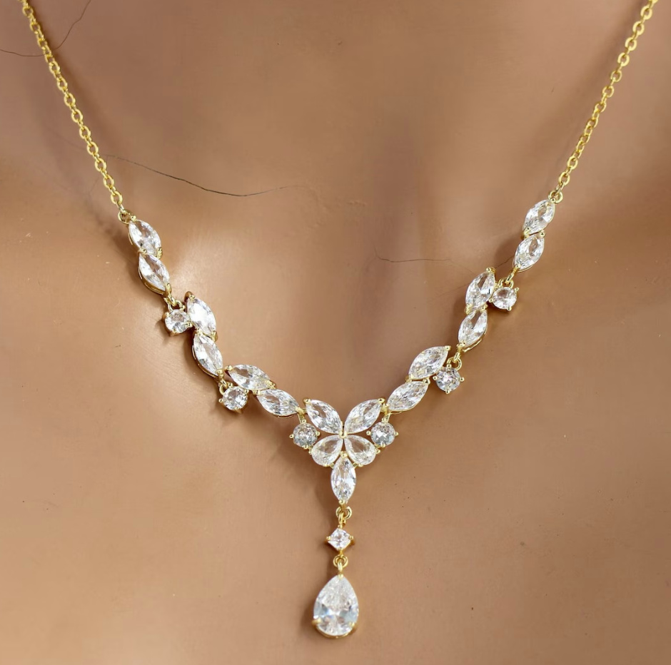 Gold Floral Teardrop Occasion Necklace