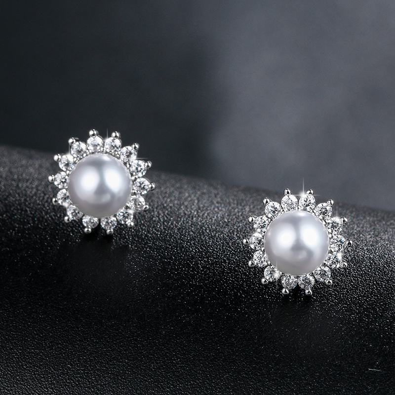 Mother of the Bride Crystal Floral Pearl Earrings Style 01