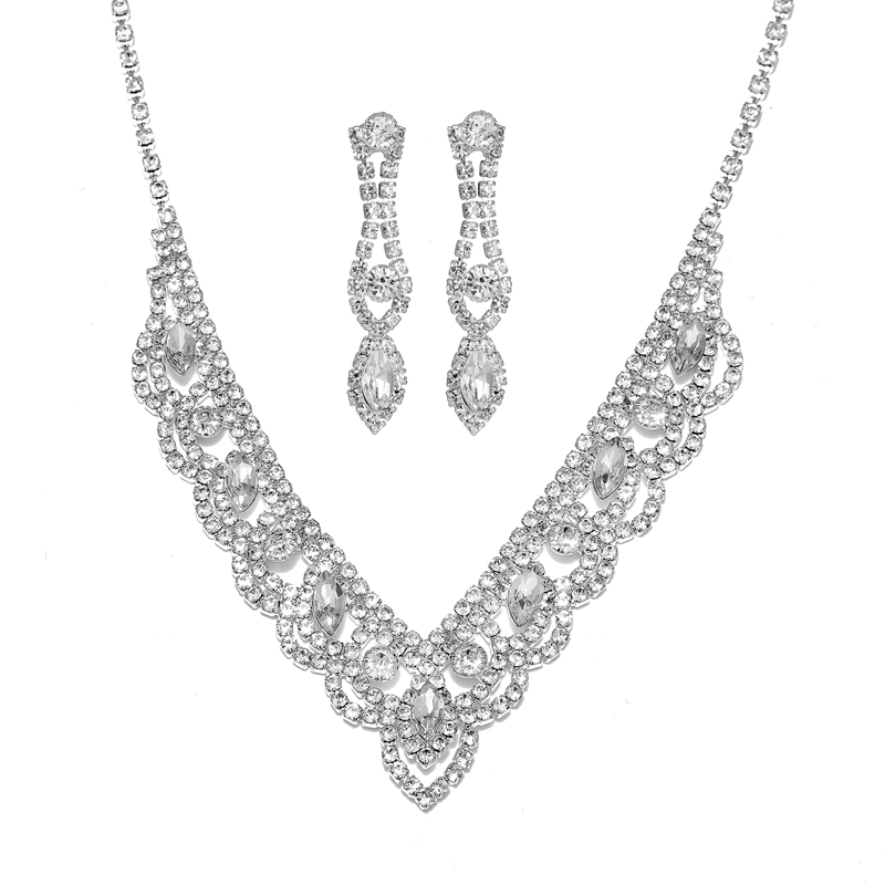 Silver V Rhinestone Formal Jewelry Set